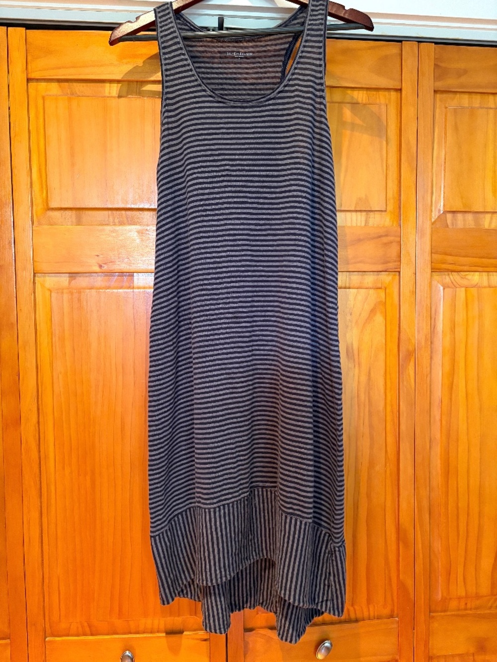 Eileen Fisher 100% Linen Navy Blue and Gray Striped Dress, Racerback Size Medium